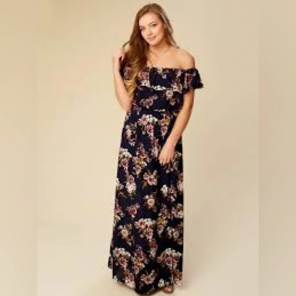 Navy Long Floral Off The Shoulder Dress by Altar’d State Size Small